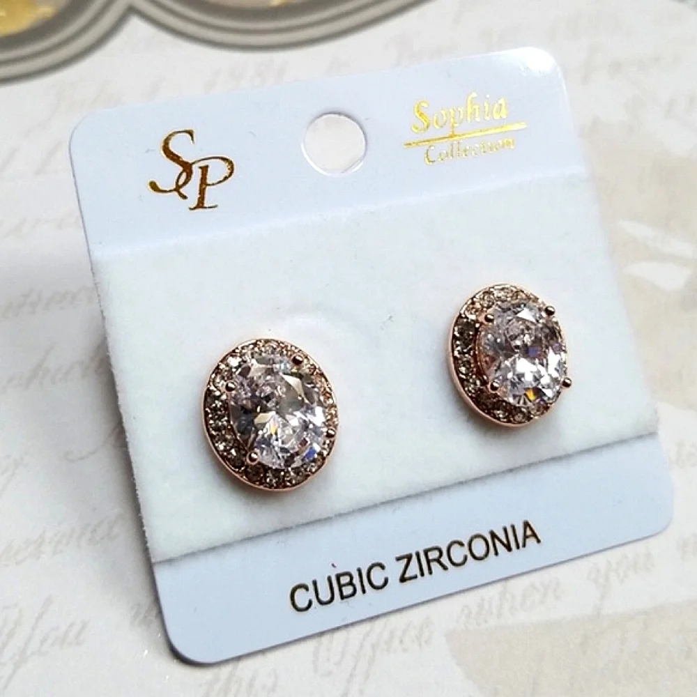Cubic Zirconia Rose Gold Post Back Oval Earrings For Pierced Ears - Picture 7 of 12